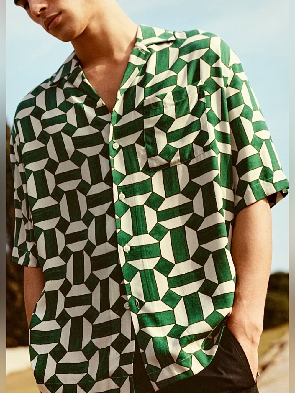 Mango Green and White Geometric Short-Sleeve Button-Down Shirt
